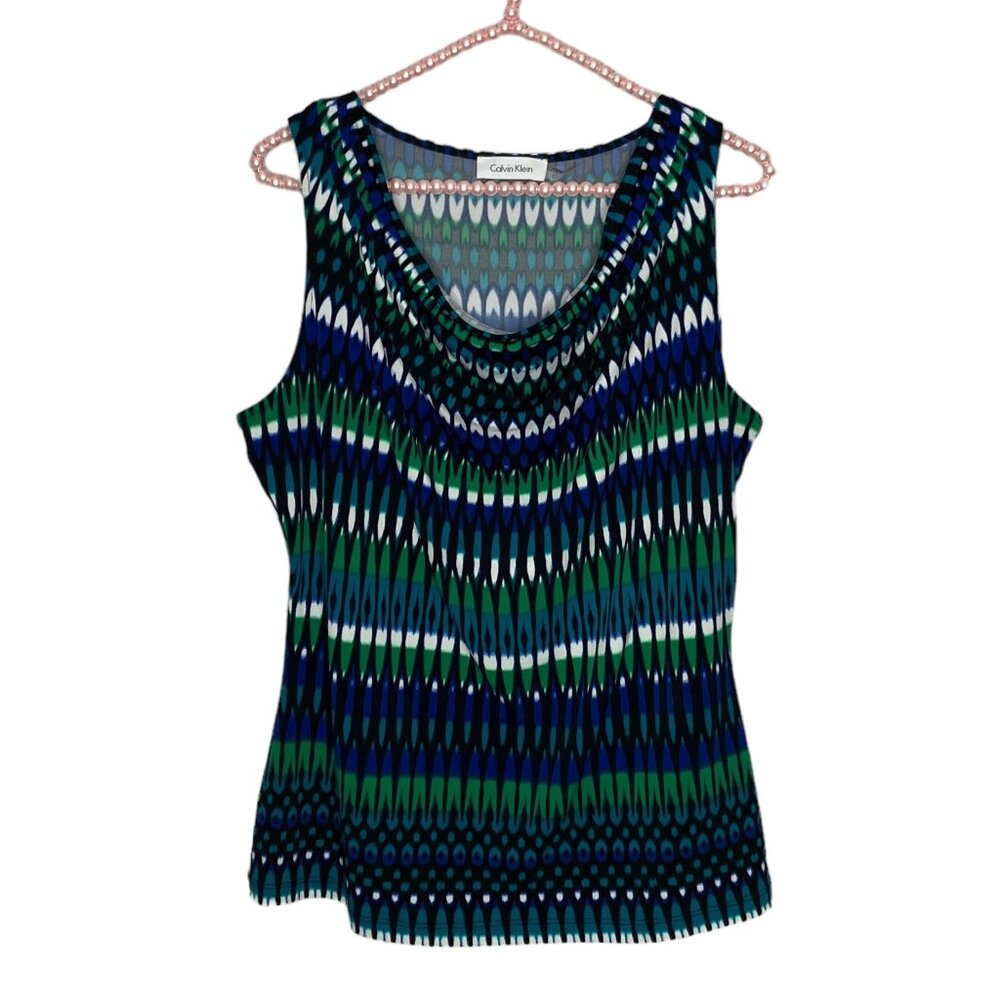 Calvin Klein Large L Blue Green Ikat Stretch Jersey Knit‎ Sleeveless Shell Top